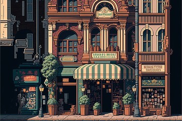 Pixel art shops in european shopping street, old european shops, background in retro style for 8 bit game, Generative AI 