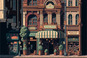 Zelfklevend Fotobehang Bestsellers Collecties Pixel art shops in european shopping street, old european shops, background in retro style for 8 bit game, Generative AI 