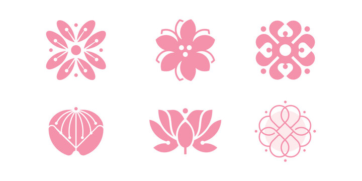 Flower icon set.Japanese style logo design template. Cherry blossom Pink flowers on white background