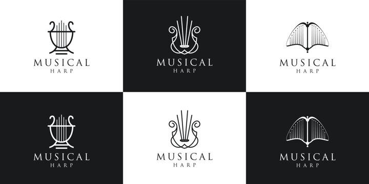 set collection musical harp logo lyre symbol collection.minimalist harp logo design inspiration.