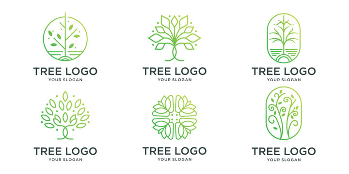 minimalist tree logo set template. collection of tree line concept inspiration logotype.