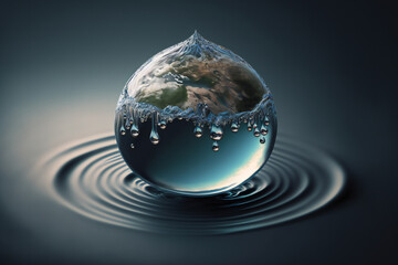 An aerial view of a water droplet falling into a body of water, with earth's reflection on it.