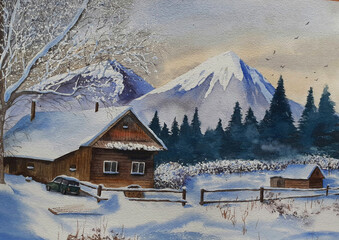 Watercolor winter mountain landscape with a wooden house and a forest.