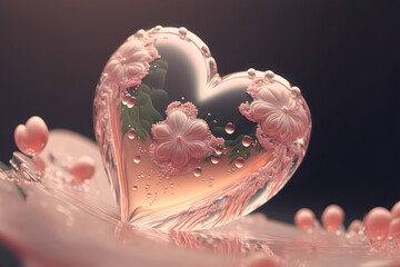 Floral watery heart with waterdrops, generative AI