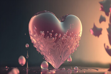 Floral watery heart with waterdrops, generative AI