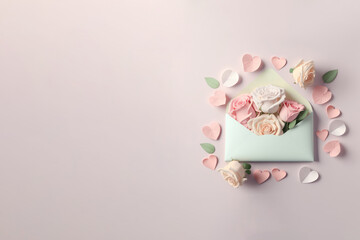 Pastel color roses with envelope and petals, generative AI