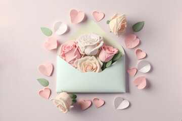 Pastel color roses with envelope and petals, generative AI