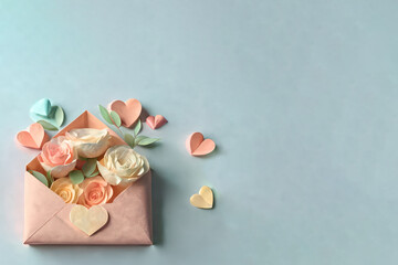Obraz na płótnie Canvas Pastel color roses with envelope and petals, generative AI