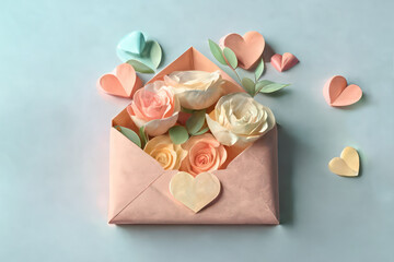 Pastel color roses with envelope and petals, generative AI