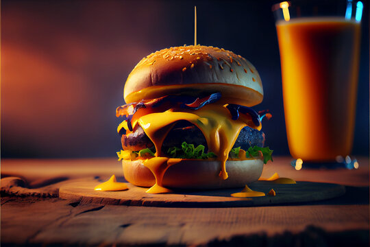 Tasty Burger With Sauce And Cheddar And Yellow Juice