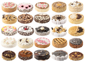 Big collection of cakes. Chocolate, cream, coconut, peanut cake isolated on white background with clipping path