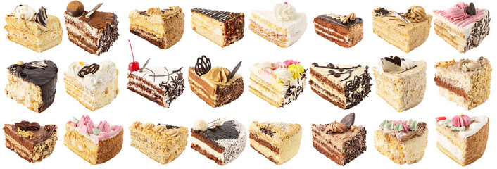 Big collection of cakes. Chocolate, cream, coconut, peanut cake isolated on white background with clipping path