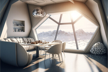 Futuristic apartment interior in a modern winter igloo style. Generative ai.  - obrazy, fototapety, plakaty