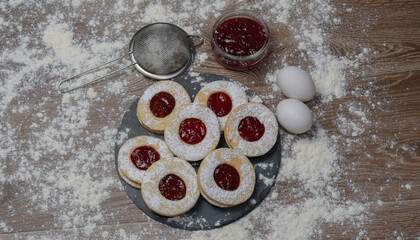ox eyes biscuits, typical sweets of Sardinia, made of eggs, flour and jam
