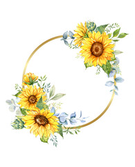Floral Frames with Sunflowers and Leaves. Watercolor sunflower frame. White background. Watercolor floral botanical Drawing. Geometric Floral Frame for wedding invitation, greeting card rustic style	
