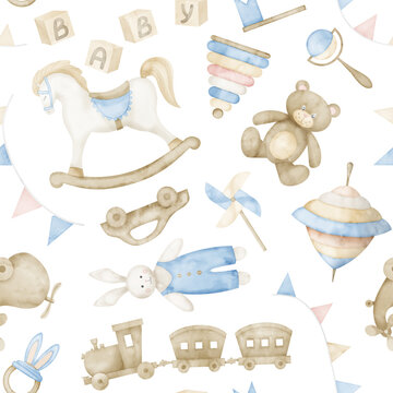 Seamless Pattern with Watercolor Baby Toys such as retro rocking horse and teddy bear on isolated background. Hand drawn backdrop with train for child in pastel blue and beige colors. Textile design.