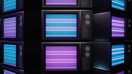 Pile Stack of Shiny Neon light Tvs 3d rendering