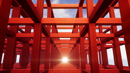 Red steel structures with shining lights 3d rendering