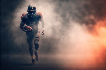 American football player in action, dynamic scene with mist and fog, Generative Ai
