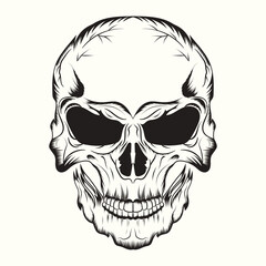 White graphic human skull with black eyes.