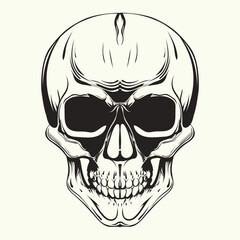 White graphic human skull with black eyes.