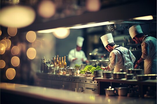 Professional kitchen with chefs cooking, restaurant kitchen with beautiful lights and delicious food. Generative Ai.