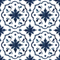 Tapeten Watercolor abstract seamless pattern consisting of blue Mediterranean tiles and elements. Hand painted traditional illustration isolation on white background for design, print, fabric or background. © yuliya_derbisheva