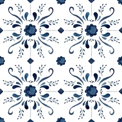 Gordijnen Watercolor classical seamless pattern consisting of blue Mediterranean tiles and elements. Hand painted traditional illustration isolation on white background for design, print, fabric or background. © yuliya_derbisheva
