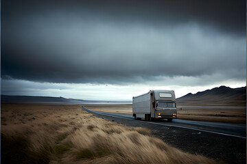 A Single Loney Lorry Stranded on a Motorway: A Visually Stunning Cinematography Stock Photo of a Broken Down Truck in the Middle of Nowhere