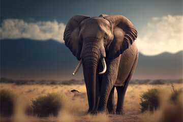 Obraz na płótnie Canvas Creative IA, an elephant in the savannah, full body, photorealistic, wildlife