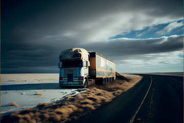 A Single Loney Lorry Stranded on a Motorway: A Visually Stunning Cinematography Stock Photo of a Broken Down Truck in the Middle of Nowhere
