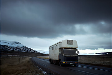 A Single Loney Lorry Stranded on a Motorway: A Visually Stunning Cinematography Stock Photo of a Broken Down Truck in the Middle of Nowhere