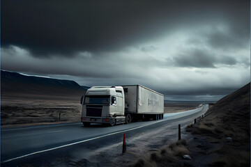 A Single Loney Lorry Stranded on a Motorway: A Visually Stunning Cinematography Stock Photo of a Broken Down Truck in the Middle of Nowhere