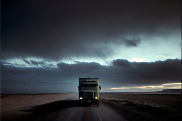 A Single Loney Lorry Stranded on a Motorway: A Visually Stunning Cinematography Stock Photo of a Broken Down Truck in the Middle of Nowhere