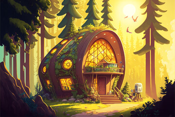 Solarpunk house in forest, cartoon style, futuristic home on the nature. Spherical house with round windows from fairy tale on sunrays . AI generated