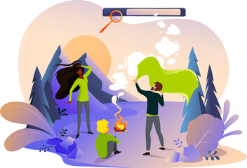 Flat illustration of people in nature making an effort to be seen by utilizing smoke