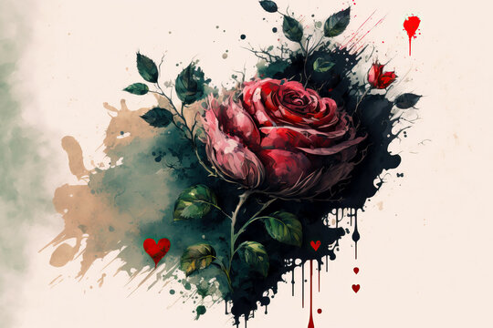 a red rose with heart shape in aquarelle style, ai generated