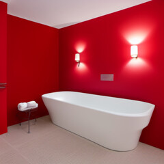 Obraz na płótnie Canvas A bathroom with a bathtub on an empty red wall, the perfect setting for a Valentine's Day soak