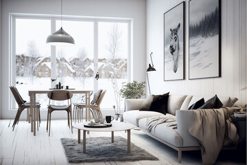 Living Room Interior Design Idea with Nordic Elements and clean Minimalist Design. Ai generated