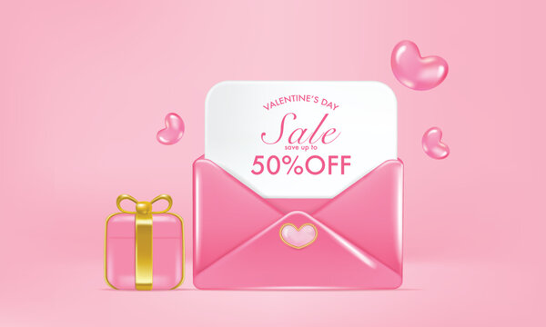 Happy valentine's day promotion sales and Discount online purchases. gift, coupon in envelope isolated on pink background. 3d vector rendering.