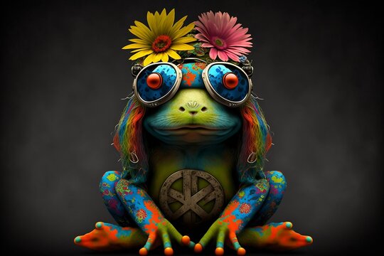 Hippie Frog Flower Power Love Peace Illustration Generative AI