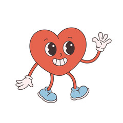 Trendy retro cartoon heart character. Groovy style, vintage, 70s 60s aesthetics. Valentines day. Vector illustration