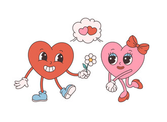 Trendy retro cartoon heart characters. Groovy style, vintage, 70s 60s aesthetics. Valentines day, falling in love. Vector illustration
