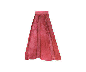 Red fluffy pleated skirt, watercolor illustration isolated on a white background