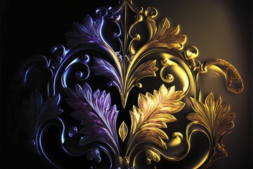  a painting of a gold and purple flower on a black background with a gold leaf on the left side of the image and a gold and purple flower on the right side of the.  generative ai