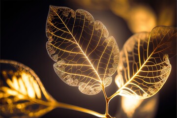  a close up of a leaf with a blurry background of light coming from it's center point and the leaves are glowing yellow.  generative ai