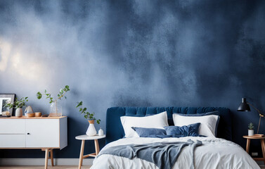 Dark bed and mockup dark blue wall in bedroom interior. Generative AI