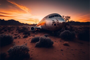  a plane sitting on the ground in the desert at sunset with a sky background and a mountain range in the distance with a red sky.  generative ai