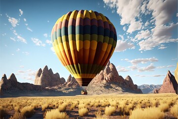  a large hot air balloon flying over a desert landscape with mountains in the background and clouds in the sky above it, with a few clouds in the sky.  generative ai