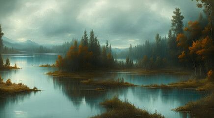 Misty morning on the river. Nature landscape with trees and swamps. Generative AI